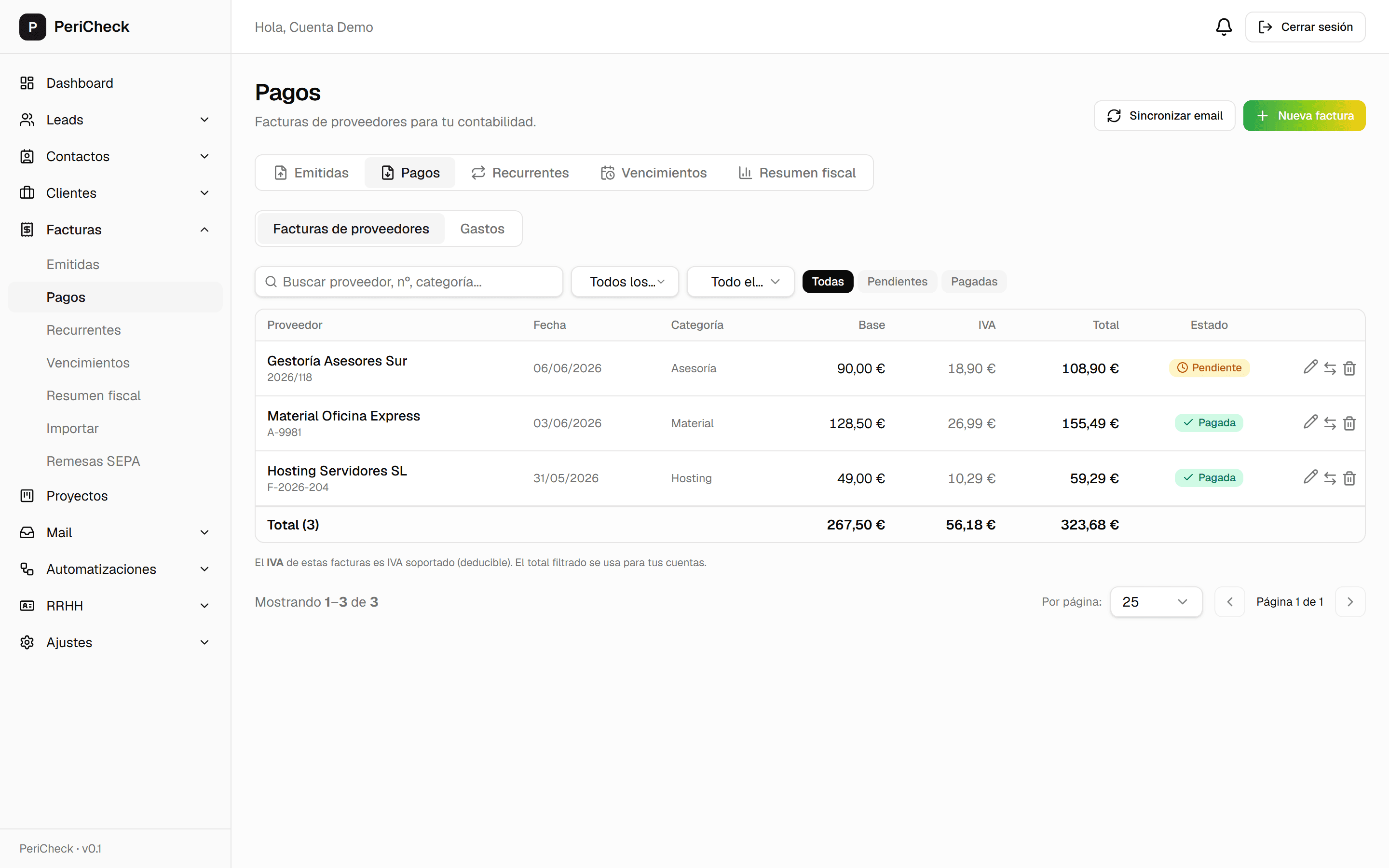 Panel de pagos y movimientos de tesorería en PeriCheck